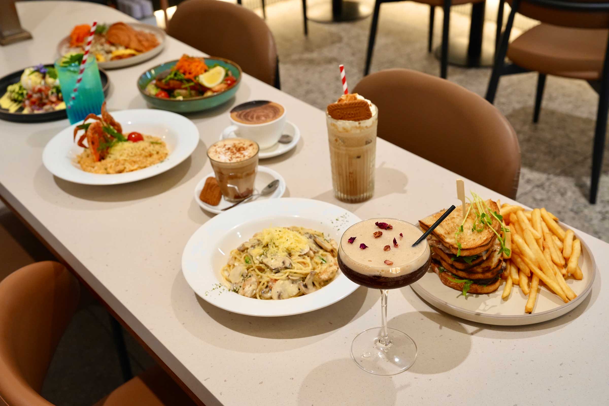 A spread of Lumina Café dishes and drinks